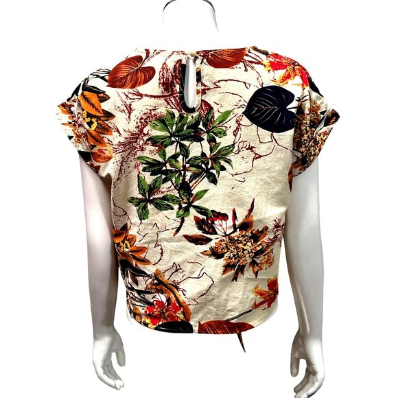 CCC Vintage Inspired Cotton Floral Tie Front Crop Top Leafy Print Keyhole Back - Picture 3 of 7
